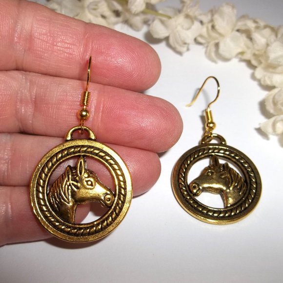 Horse Earrings Dangle Drop Gold Costume Jewelry Western Circle Rope Gift C478 - Picture 5 of 5